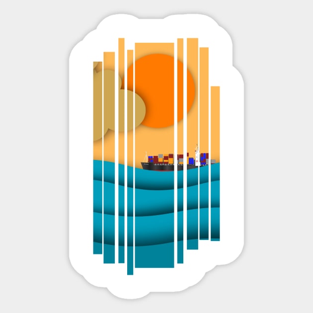 Cargo ship on sea illustration Sticker by SaturnPrints